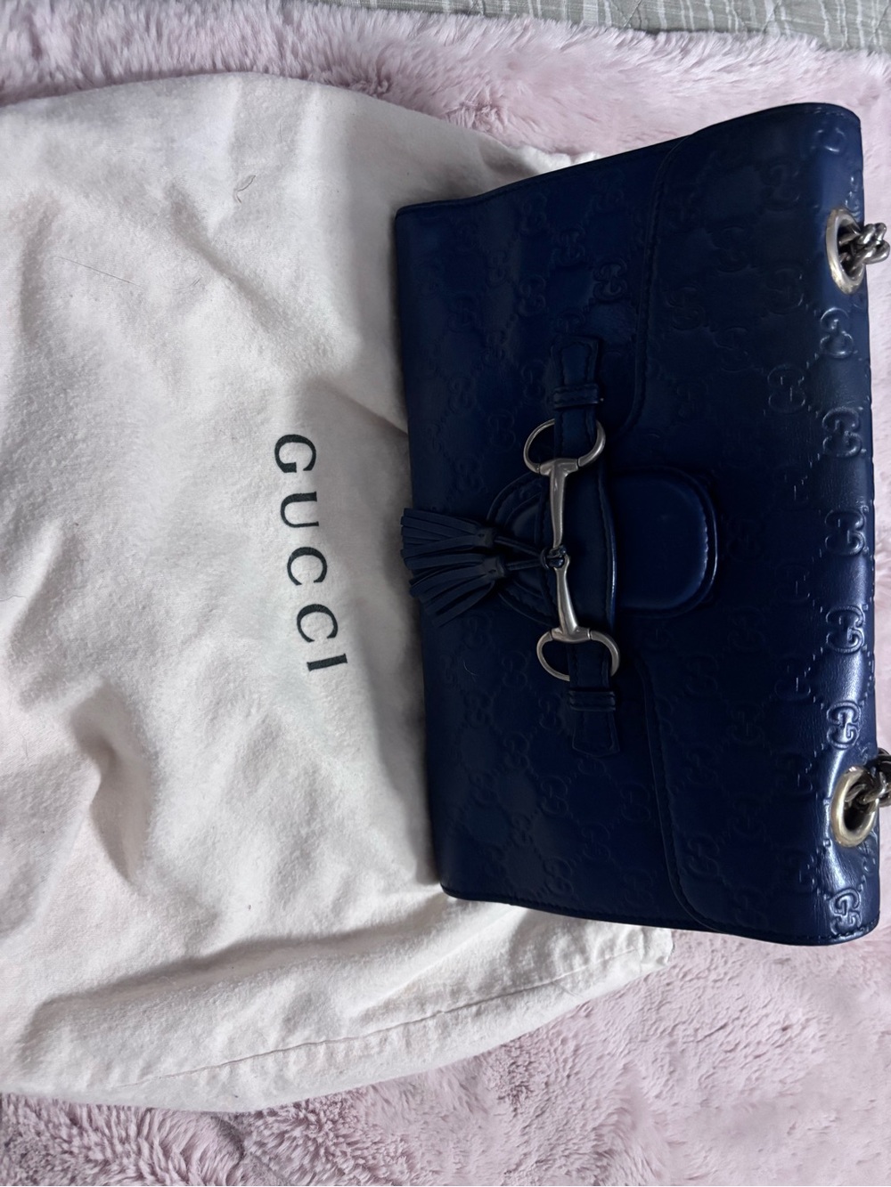 Gucci Navy Leather Shoulder Bag with Horsebit Tassel